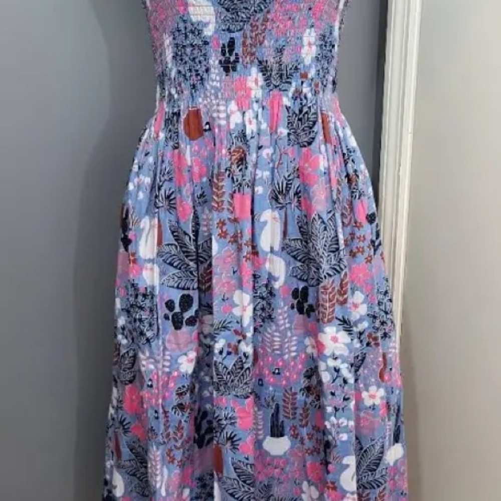 NWOT Floral with cats Smocked Sundress with Straps - Picture 2 of 11